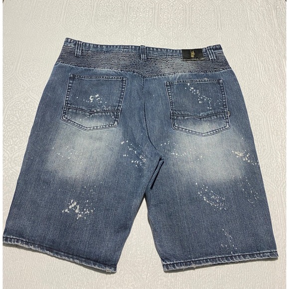 Makobi‎ Distressed Denim Shorts Mens Size 46 Blue Moto Biker Jorts Shredded - Picture 2 of 12
